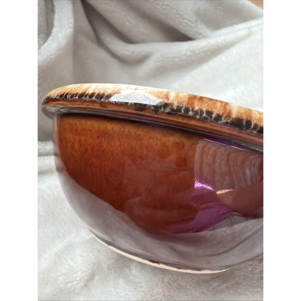 Vintage Hall Pottery Brown Drip Soup Bowl With Handle